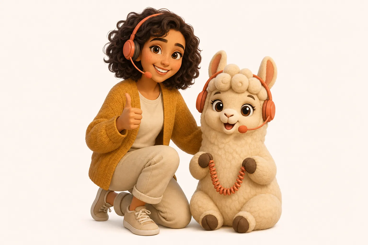 Alma y Mia, las telefonistas de llamaxmi, con sus diademas de auriculares a juego